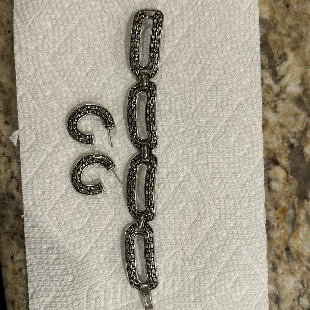 BRIGHTON Open Scroll Silver Black Link Bracelet and Earrings